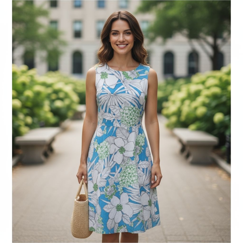 Caribbean Joe Blue and Green Floral Dress Size Medium